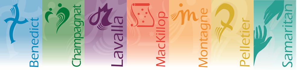 Row of coloured house symbols labelled Benedict, Champagnat, Lavalla, MacKillop, Montagne, Pelletier and Samaritan.