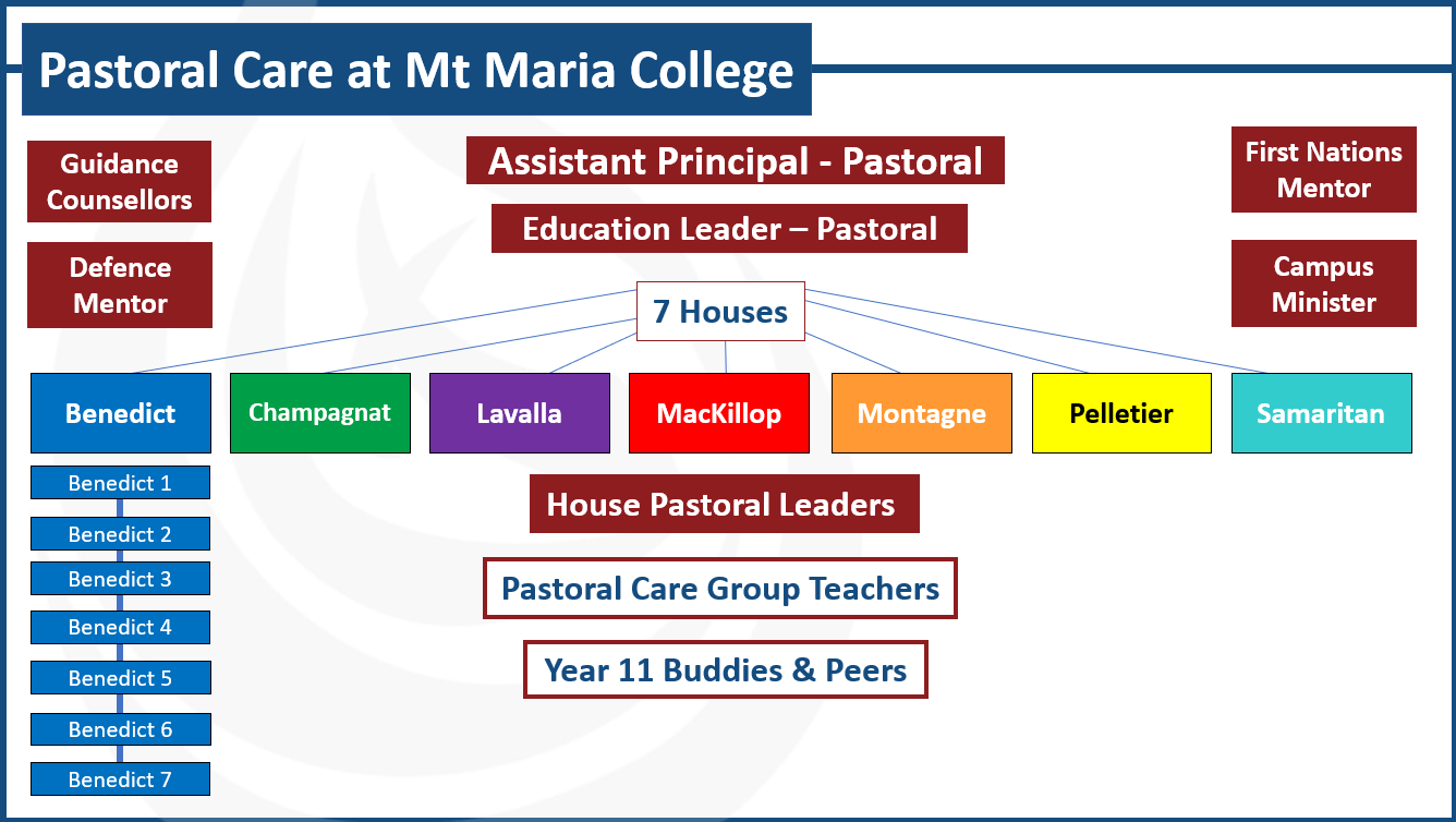 Diagram showing the pastoral care structure at Mt Maria College, including leadership roles, seven houses and support staff.